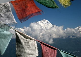 Drapeaux et sommet himalayen – Népal